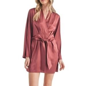 Lush Dress Satin Long Sleeve Surplice V-Neck Tie Waist Faux Wrap Mini Mulberry S